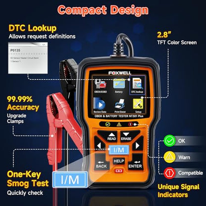 FOXWELL NT301 Plus 2 IN1 OBD2 Scanner Battery Tester, OBD2 Scanner Diagnostic Tool Check Engine Car Code Reader, 12V 100-2000 CCA Battery/Charging/Cranking Test, EVAP Live Data, Full OBDII Diagnosis