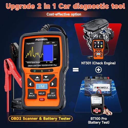 FOXWELL NT301 Plus 2 IN1 OBD2 Scanner Battery Tester, OBD2 Scanner Diagnostic Tool Check Engine Car Code Reader, 12V 100-2000 CCA Battery/Charging/Cranking Test, EVAP Live Data, Full OBDII Diagnosis