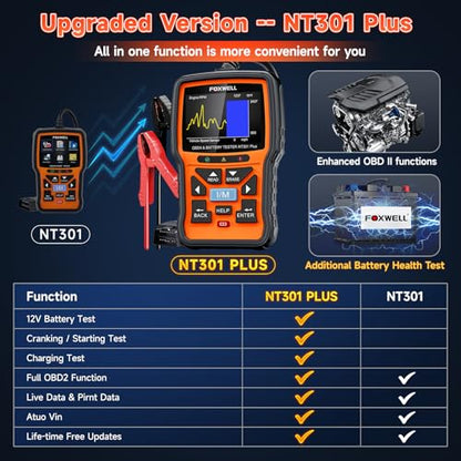 FOXWELL NT301 Plus 2 IN1 OBD2 Scanner Battery Tester, OBD2 Scanner Diagnostic Tool Check Engine Car Code Reader, 12V 100-2000 CCA Battery/Charging/Cranking Test, EVAP Live Data, Full OBDII Diagnosis