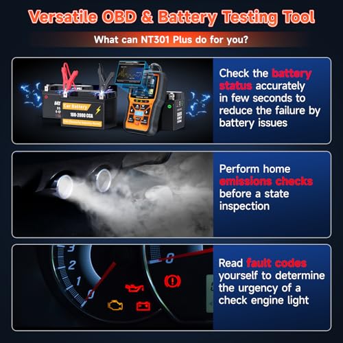 FOXWELL NT301 Plus 2 IN1 OBD2 Scanner Battery Tester, OBD2 Scanner Diagnostic Tool Check Engine Car Code Reader, 12V 100-2000 CCA Battery/Charging/Cranking Test, EVAP Live Data, Full OBDII Diagnosis