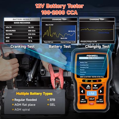 FOXWELL NT301 Plus 2 IN1 OBD2 Scanner Battery Tester, OBD2 Scanner Diagnostic Tool Check Engine Car Code Reader, 12V 100-2000 CCA Battery/Charging/Cranking Test, EVAP Live Data, Full OBDII Diagnosis