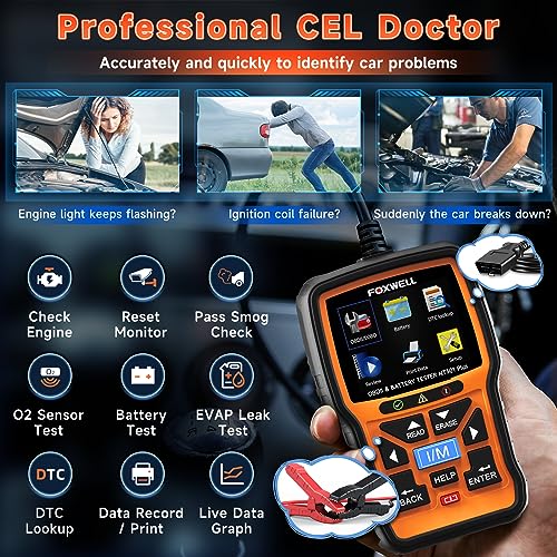 FOXWELL NT301 Plus 2 IN1 OBD2 Scanner Battery Tester, OBD2 Scanner Diagnostic Tool Check Engine Car Code Reader, 12V 100-2000 CCA Battery/Charging/Cranking Test, EVAP Live Data, Full OBDII Diagnosis