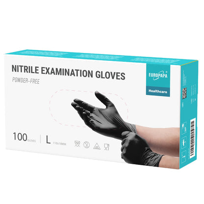 EUROPAPA Nitrile Examination Gloves, Black, L, Pack of 100