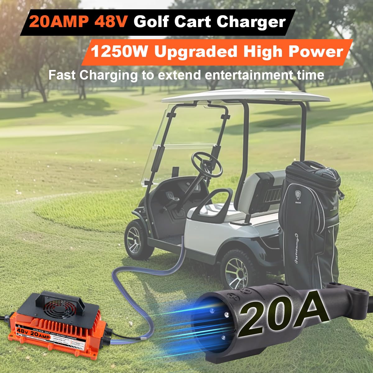 20 AMP 48 Volt Golf Cart Charger with 3-Pin Roung Plug 48V 20A 1250W High Power Lead-Acid Battery Charger for Club Car IP67 Waterproof