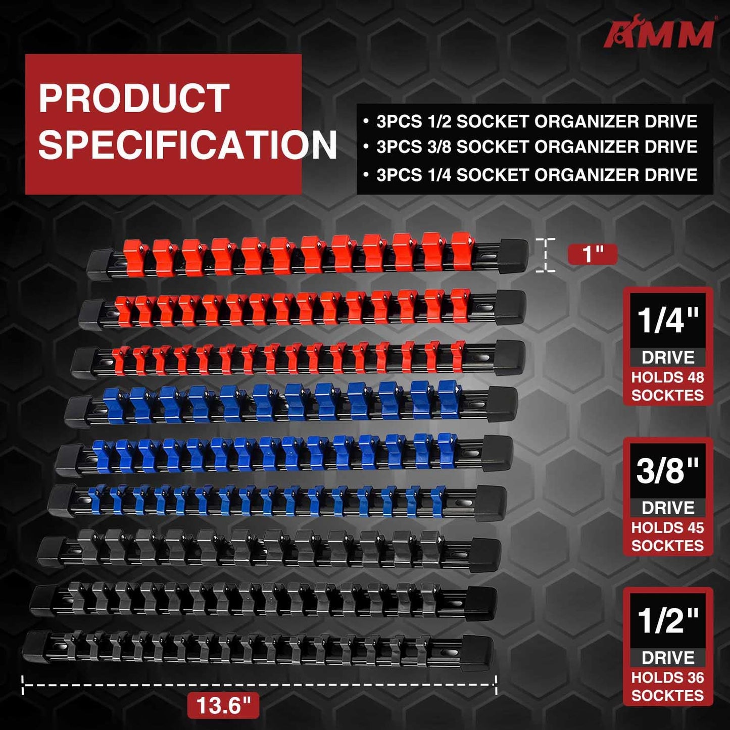 AMM 9-Piece Socket Organizer, 1/2 inch, 3/8 inch and 1/4 inch Drive ABS Tools-Socket Holder,Heavy Duty Socket Racks, Premium Quality Socket Clip Rail Holder,The best tool trays in the garage