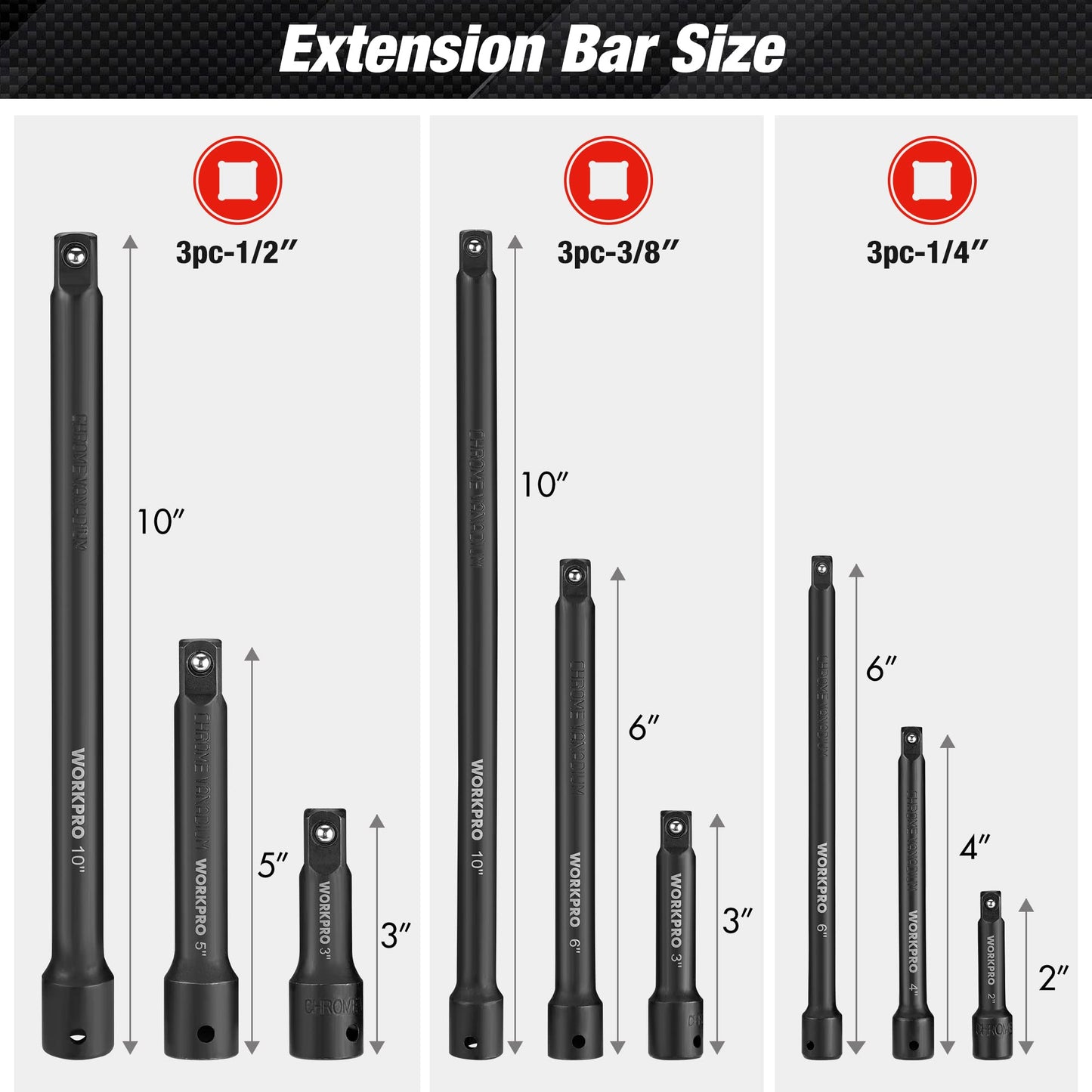 WORKPRO 9 PCS Impact Driver Extension Bar Set, 1/4", 3/8" and 1/2" Drive Socket Extension, Premium Chrome Vanadium Steel with Black Phosphate Finish, Storage Tray Included