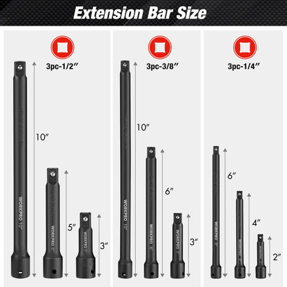 WORKPRO 9 PCS Impact Driver Extension Bar Set, 1/4", 3/8" and 1/2" Drive Socket Extension, Premium Chrome Vanadium Steel with Black Phosphate Finish, Storage Tray Included