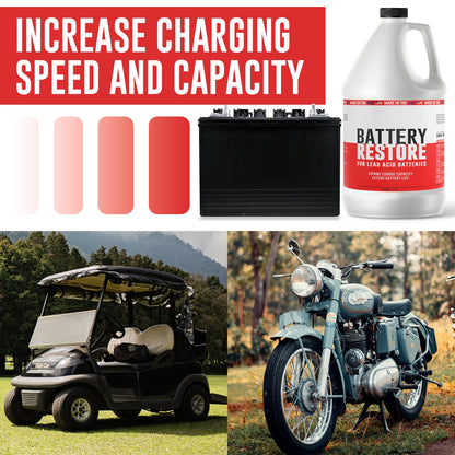 Battery Restore For Lead Acid Batteries - Made In USA - 64oz Formulated Solution Extends Battery Life & Expands Charge Capacity - Safe & Effective For Golf Carts, Motorcycles, Boats & ATVs - Non-Toxic