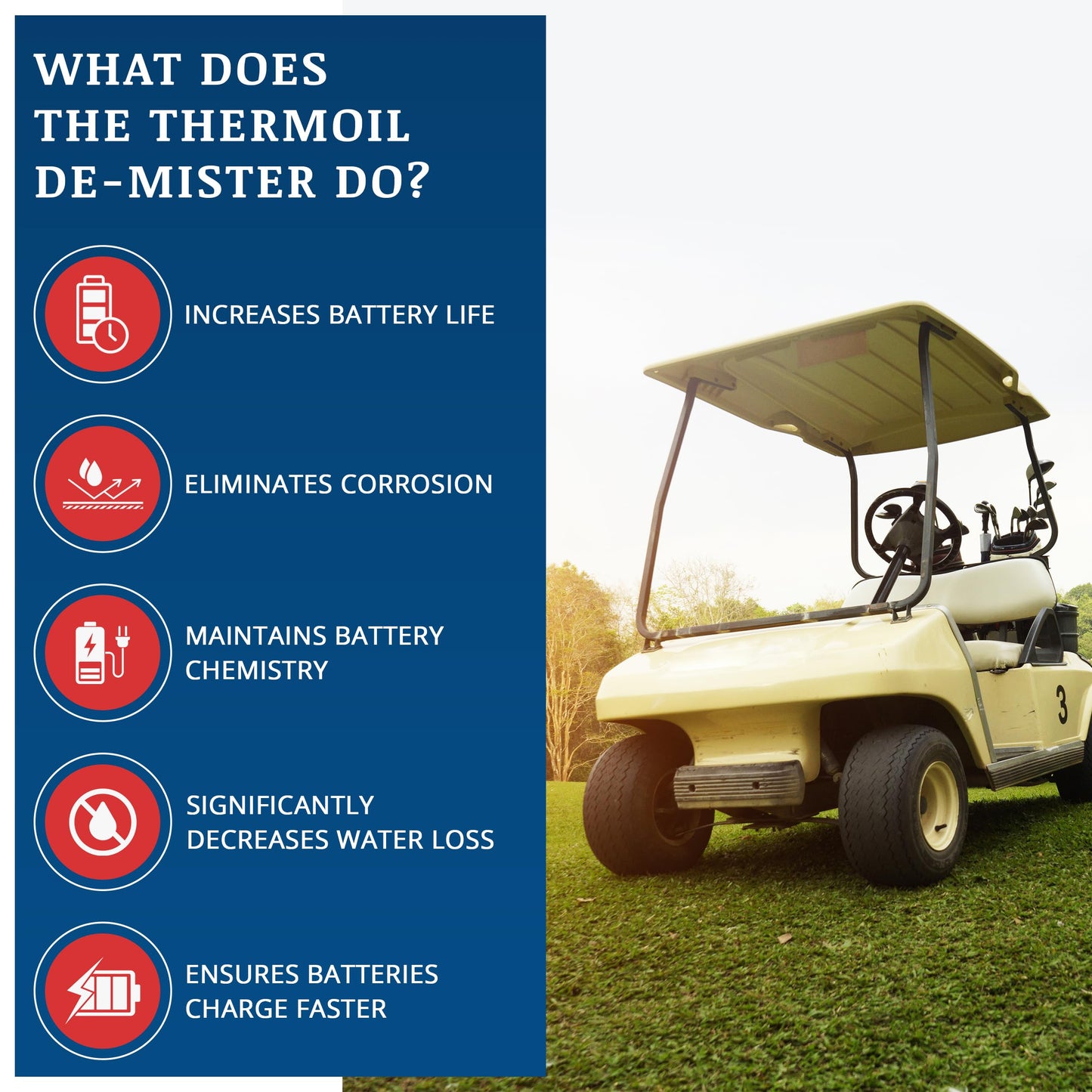 Thermoil® De-Mister Eliminates Golf Cart Battery Corrosion Greatly Extends Battery Life Greatly Reduces Water Consumption & Toxic Fumes Treats One 6, 8, or 12 Volt Battery. Made in USA.