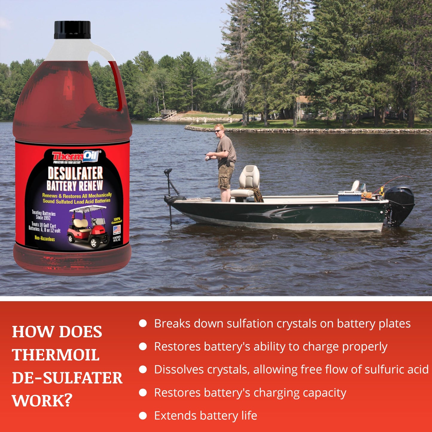 Thermoil® DeSulfater Golf Cart Solution Renews Restores & Revives Any Sulfated Lead Acid Battery Guaranteed! 64 Oz Treats Ten 6, 8 or 12 Volt Batteries. Made in USA